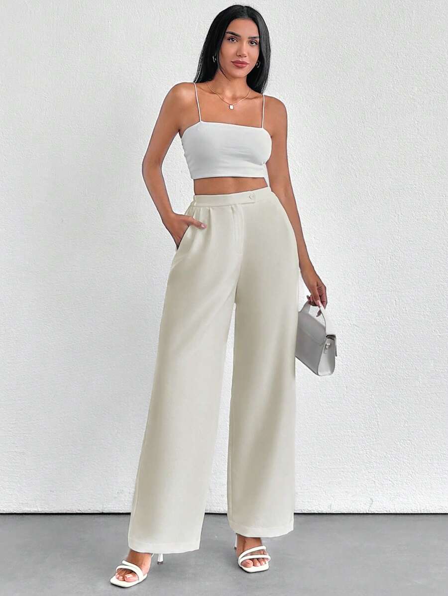 SHEIN PETITE Petite Women's Stylish Solid Color High Waist Straight Pant With Button And Zipper Details