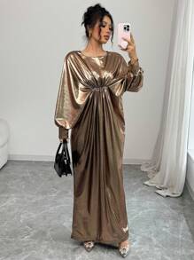 Calvaya Vestido ajustado elegante y sexy de mujer con cuello redondo, manga larga, plisado en la cintura y unicolor