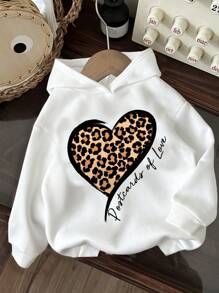 SHEIN HEART Young Girls Casual Simple Heart & Leopard Print Pattern Warm Knitted Long Sleeve Thick Sweatshirt, Suitable For Autumn/Winter - White - View 1