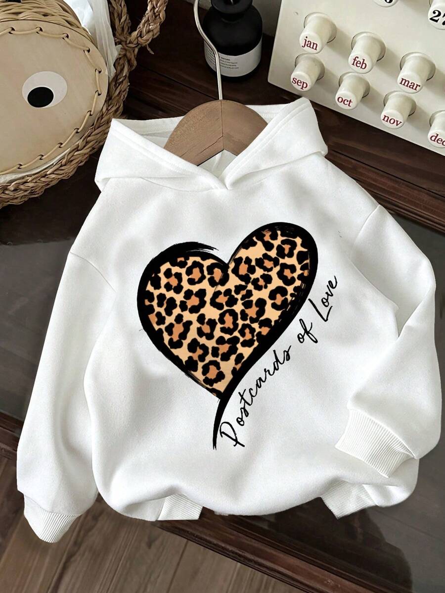 SHEIN HEART Young Girls Casual Simple Heart & Leopard Print Pattern Warm Knitted Long Sleeve Thick Sweatshirt, Suitable For Autumn/Winter - White - View 1