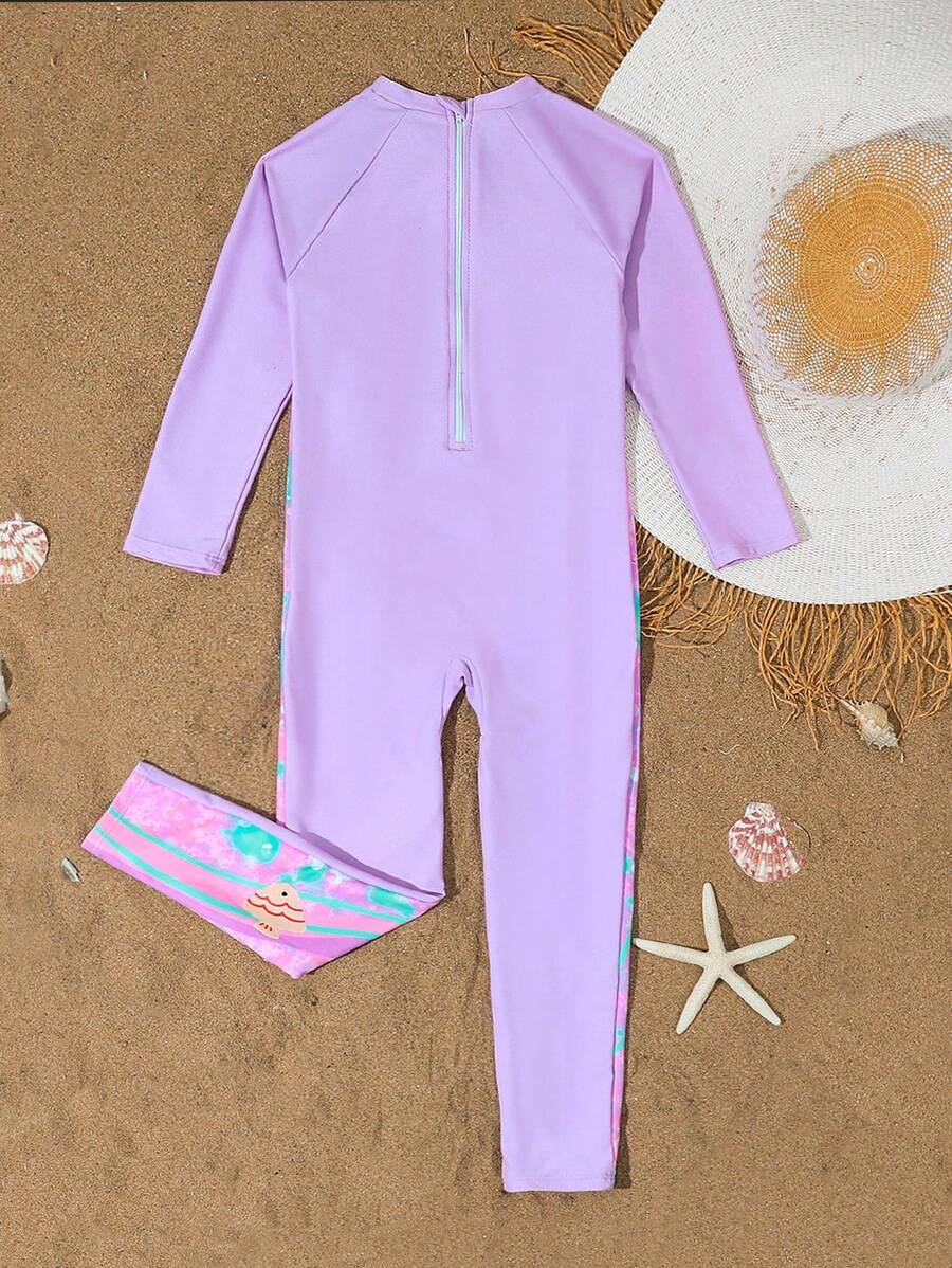 SHEIN 1 Piece Girls Cartoon Print Long Sleeve One-Piece Swimsuit, Adorable Young Girl Vacation Swimwear - Mauve Purple - View 1