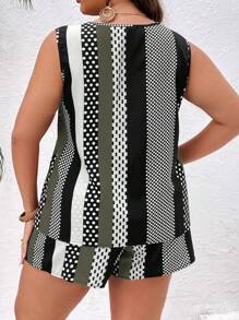 SHEIN VCAY Plus Striped & Polka Dot Print Summer Tank Top & Shorts
