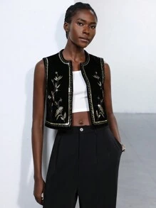 Aveloria Modichic Chaqueta/chaleco corto sin mangas de terciopelo con bordados de lentejuelas elegantes de estilo vintage para mujeres