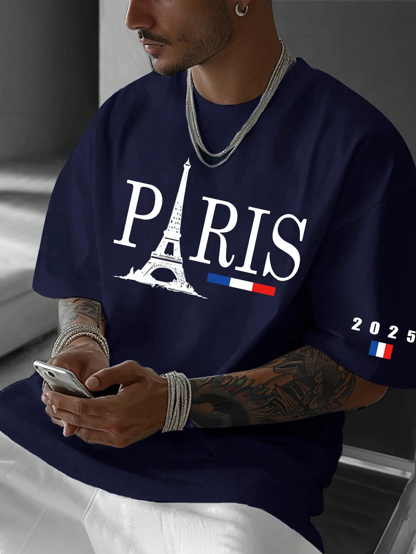 Manfinity Dauomo Men's Casual Paris Eiffel Tower & Letter Print Short Sleeve T-Shirt 1700 8868