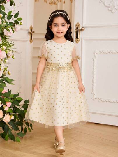 Glamorique Kids 年轻女孩香槟色金属箔波尔卡圆点网眼公主裙，透明网眼面料营造出梦幻氛围，适合生日派对、节日、家庭聚会，让小女孩成为关注的焦点，展现她们的甜美和优雅
