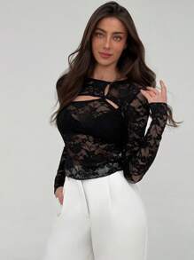 Aloruh Áo dài tay hở vai ren xuyên thấu gợi cảm ngày lễ tình nhân dành cho nữ - màu đen - Xem 4