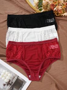 3pcs/Set Plus Size Lace Contrast Mesh Underwear Lingerie - Multicolor - View 2