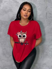 INAWLY Plus Size Round Neck Cartoon Print Short Sleeve Casual Tee
