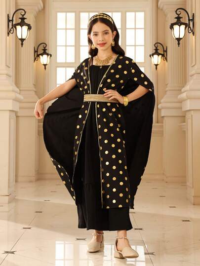 2pcs/Set Tween Girl Polka Dot Pattern Dress And Slip Dress