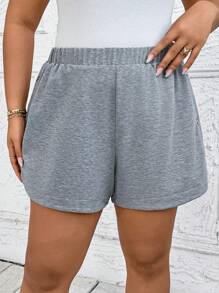 SHEIN LUNE Celana Jogging Kasual Sederhana Wanita Ukuran Besar Warna Abu-abu Muda dengan Karet Pinggang dan Jahitan Samping Elastis, Empat Kancing - Light Grey - View 3