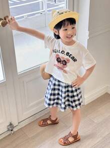 DAZY 年轻女孩 2 件套休闲卡通熊印花圆领短袖 T 恤和格子迷你裙，夏季 - 白色 - 查看 1