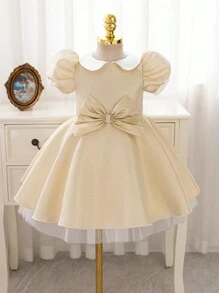 Glamorique Kids 舞会礼服年轻女孩/年轻女孩优雅金色闪亮面料泡泡袖收腰派对礼服，适合舞会和聚会 - 香檳色 - 查看 4