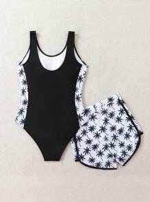 SHEIN Sparklyn 1 件连体泳衣或 2 件椰子树印花少女泳衣 - 彩色 - 查看 2