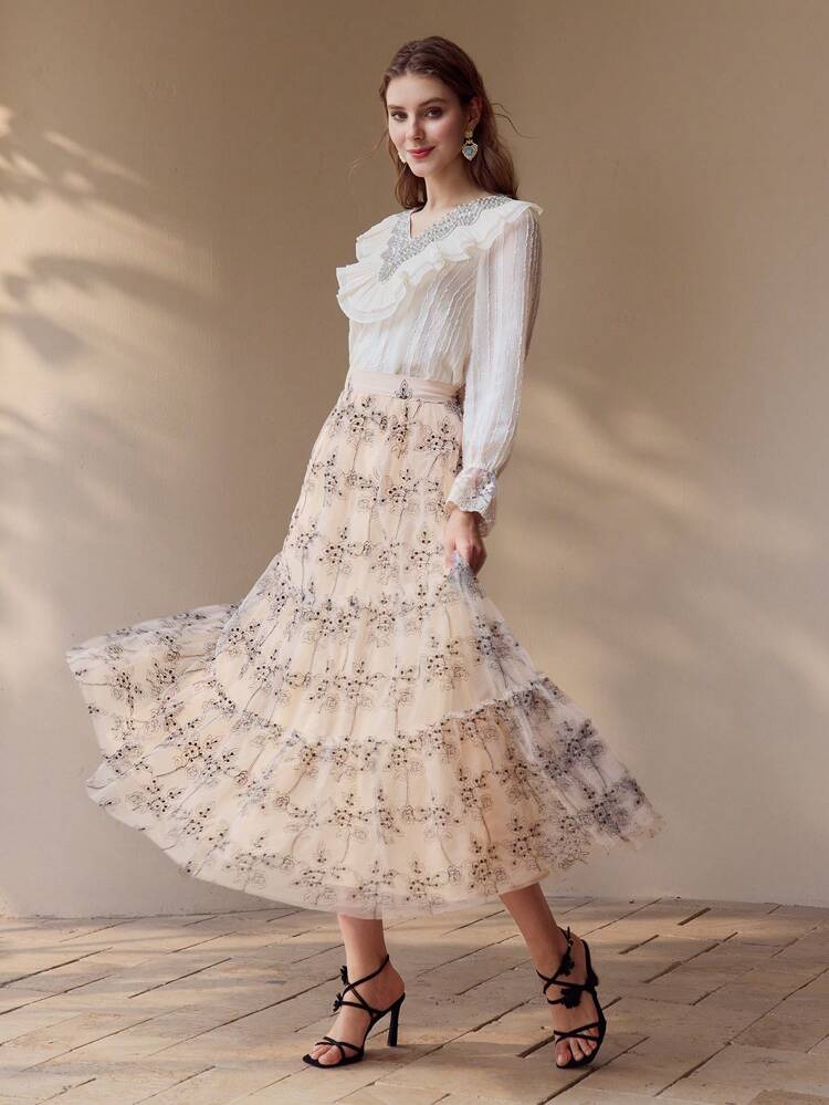 CONTRAST MESH RUFFLE HEM SKIRT