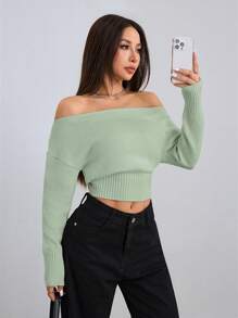 SHEIN Unity Women Casual Solid Color Off Shoulder Long Sleeve Cropped Sweater Knit Pullover Fall Winter - Green - View 6