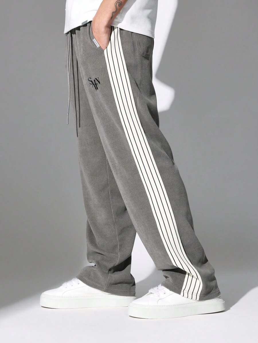 SUMWON Premium Ribbed Drop Crotch Athletic Jogger Sweatpants With Side Stripe Detail, Casual Streetwear Training Pants For Workout Loungewear Urban Fashion - Dark Grey - View 1