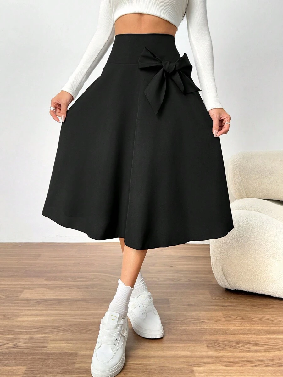 Elegant Minimalist Black Woven Skirt With Detachable Bow Decoration For Teenage Girls, High Waist Design Suitable For Spring And Summer, Versatile To Match Blouse, T-Shirt, Polo Shirt, Great For Valentine's Day,Holiday,Summer,Travel - Black - View 1