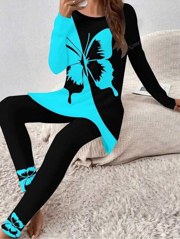Women Plus Size Contrast Color Patchwork Butterfly Print Long Sleeve Top And Long Pants Set