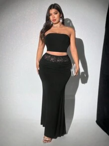 Viva Relle Falda elegante de talla grande con dobladillo de cola de pez y encaje de contraste