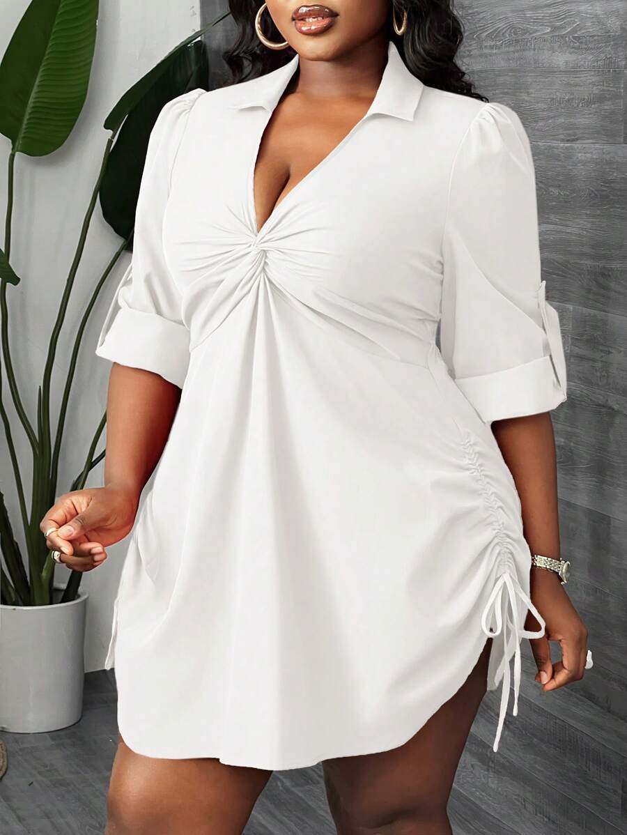 Slaydiva Women's Plus Size White Outfit: Chic And Comfortable Collared Mini Shirt Dress With Adjustable Drawstring,Graduation Dress - White - View 1