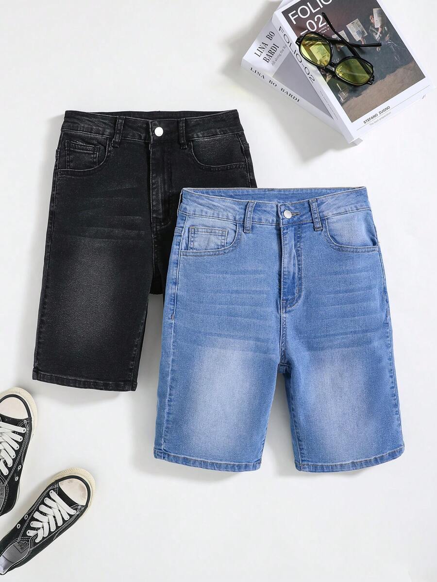 SHEIN 2 pièces/set Short en jean confortable et doux avec stretch, base en jean noir et bleu pour ado garçon. Vêtements d'été et de printemps pour ado garçon - Multicolore - Voir 1