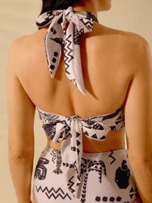 CAJUNI Women's Boho Black And Apricot Tropical Print Holiday Casual Beach Swimming Halter Strap Swimwear Top And Bottom Bikini Two-Piece Set For Summer Beach Vacation