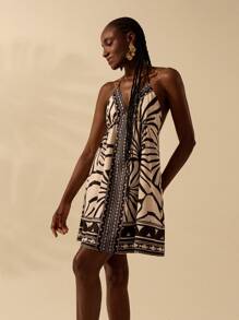 CAJUNI 女士波西米亚热带风情黑色和米色印花 V 领无袖露背迷你连衣裙，海滩度假休闲夏季太阳裙 - 彩色 - 查看 4