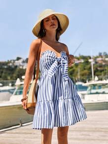 SHEIN VCAY 女士休闲条纹束带迷你连衣裙 - 藍白色 - 查看 6