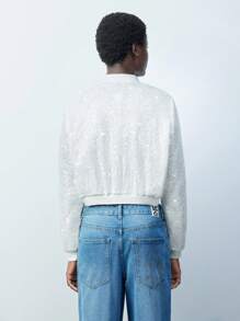 Maija Women's Sequin Padded White Flight Jacket, Autumn Winter New Year,Festival - White - View 2