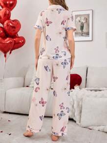 Bubble Wrinkle Butterfly Print Short Sleeve Top & Pants Pajama Set - Multicolor - View 2