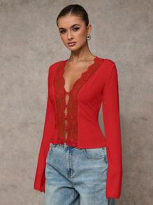 SHEIN BAE 冬季女装蕾丝性感长袖上衣女士开衫上衣、圣诞上衣 - 紅色 - 查看 6