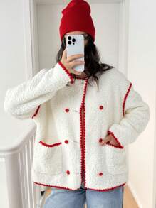 Forever 21 Chaqueta con capucha cálida con cierre de cremallera y estampado floral rojo y blanco - Albaricoque - Ver 3