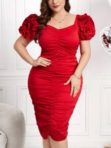 SHEIN Clasi 大码女式优雅情人节荷叶边泡泡袖 3D 玫瑰/花朵装饰紧身红色连衣裙 - 紅色 - 查看 7