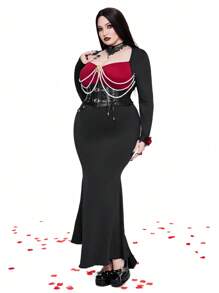 Whyspr Goth Punk Plus Size Women Square Neck Faux Pearl Chain Decor Colorblock Long Sleeve Vintage Elegant Party Dress,Valentine - Black - View 5