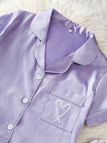 Set de 2 piezas de pijama con bordado de corazón en manga corta y pantalones, tacto sedoso, para vacaciones