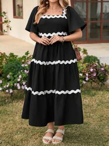 SHEIN LUNE Wave-Patterned Contrast Color Flowy Ruffle Sleeve Long Dress, Plus Size Boho Cowgirl Outfit Old Money Festival Bohemian Western Wear Women Hippie Summer Boho Old Money Summer Outfits For Women Spring Break Rave Outfits Festival Spring Break Outfits - Black and White - View 6