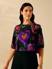 CAJUNI 女式小圆领半袖波西米亚热带撞色爱心印花T恤，休闲度假夏季剪裁T恤 - 彩色 - 查看 3