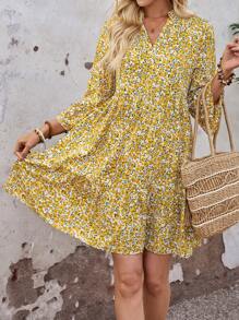 EMERY ROSE Women's All-Over Ditsy Floral Print V-Neck Flared Sleeve Short Vacation Dress