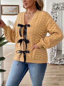 Calvaya Plus Size Women Elegant Romantic V-Neck Long Sleeve Pocket Bowknot Cardigan, Casual & Slimming, Autumn/Winter - Mustard Yellow - View 4