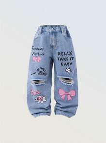 Denimly 女童休闲时尚校园街头风格蝴蝶结和字母印花设计松紧腰拉链破洞直筒牛仔裤