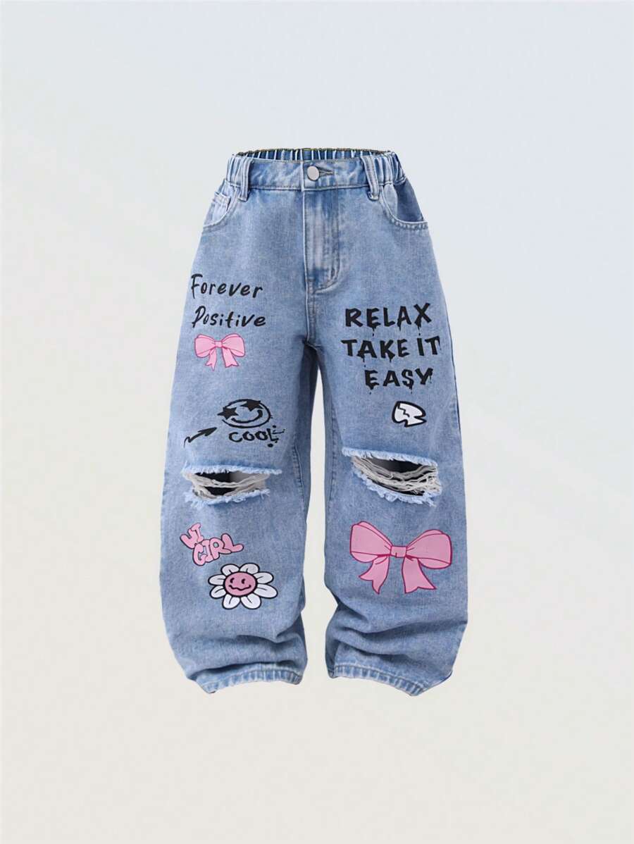 Denimly 女童休闲时尚校园街头风格蝴蝶结和字母印花设计松紧腰拉链破洞直筒牛仔裤
