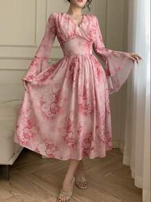 Wynsel Women's Elegant Ditsy Floral V-Neck Ruffled Hem Mid-Length Dress, Spring/Fall Long Sleeve Dress Easter - Pink - View 3