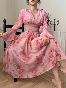 Wynsel Women's Elegant Ditsy Floral V-Neck Ruffled Hem Mid-Length Dress, Spring/Fall Long Sleeve Dress Easter - Pink - View 9