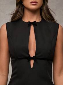 SHEIN BAE Women's Black Sleeveless Hollow Stitching Velvet Bow Slim A-Line Casual Dress, Women's Going Out Dress Valentine's Day Dress - Light Grey - View 7