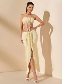 SHEIN BAE Summer Vacation Style Date Night Slit Maxi Dress, Women 2 Pieces Strapless Set - Apricot - View 5