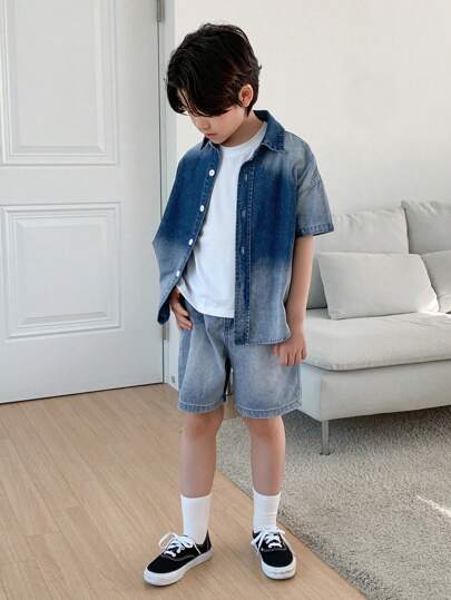 DAZY Tween Boys Denim Button Up Shirt & Shorts Outfit,Back To School Clothes