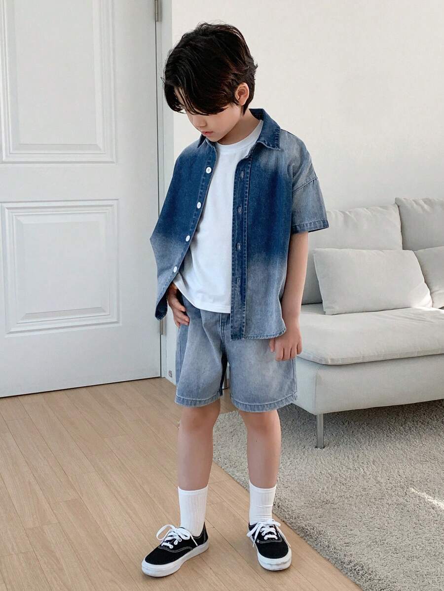 DAZY Tween Boys Denim Button Up Shirt & Shorts Outfit,Back To School Clothes