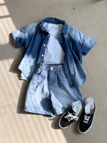 DAZY Tween Boys Denim Button Up Shirt & Shorts Outfit,Back To School Clothes