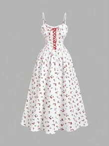 SHEIN MOD Vestido de verano con lazo central en el frente y estampado de cerezas de talla grande, vestido de cumpleaños para fiesta, té y despedida de soltera - Multicolor - Ver 1