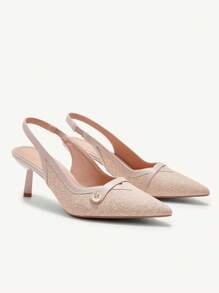 CUCCOO CHICEST Women's Pointed Toe Faux Pearl Buckle Woven Upper Mid-Heel Pumps, Comfortable & Elegant Commuter Shoes, Available In Pink & Apricot, Suitable For Commute, Romantic Dates, Afternoon Tea Spring Shoes Spring Break Easter Prom Heels